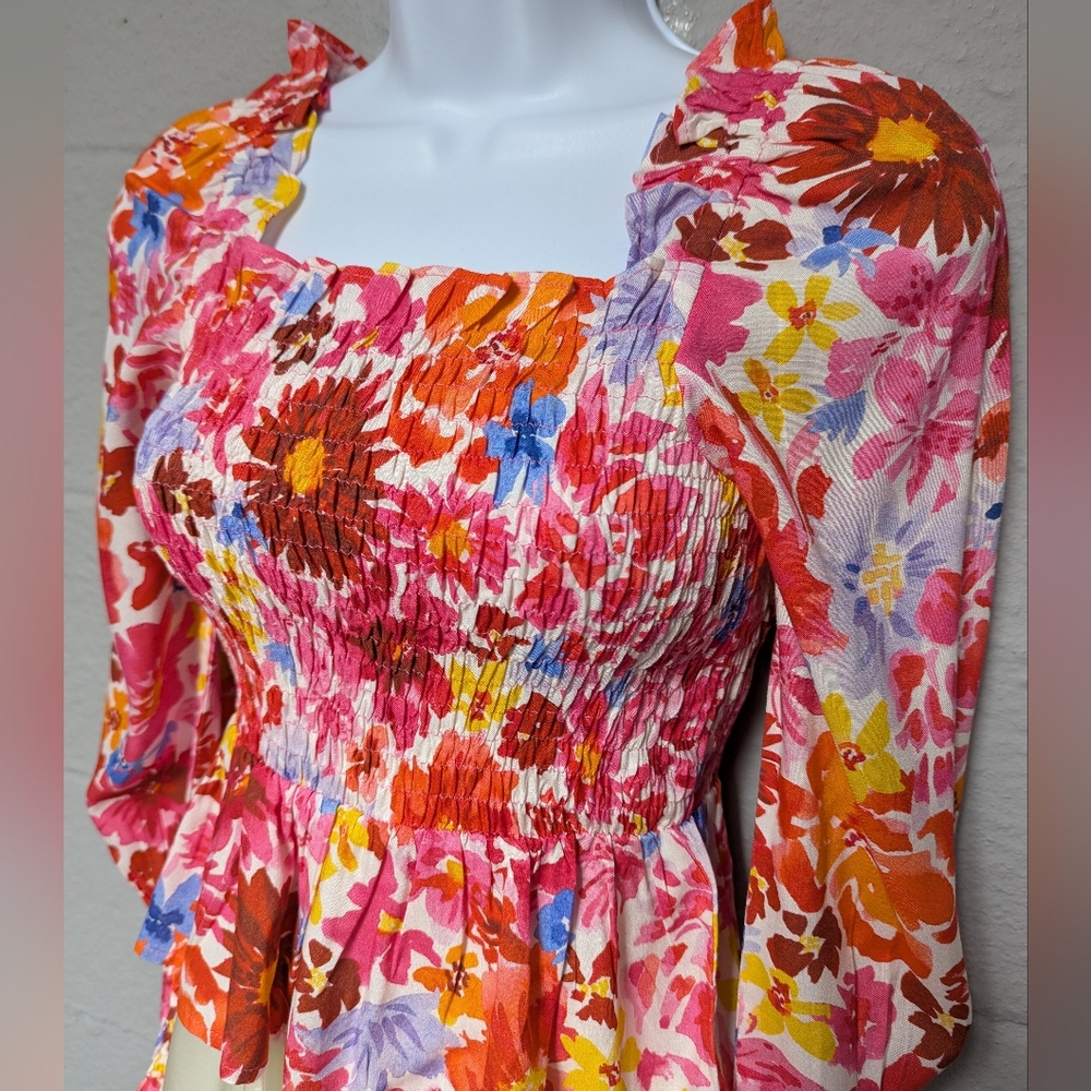 Cake For Dinner Smocked Long Sleeve Top Blouse Size S Floral Milkmaid